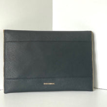 Load image into Gallery viewer, Black leather clutch bag with a brand logo on a white background