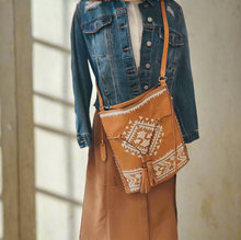 Load image into Gallery viewer, Rebecca Minkoff Boho Drawstring Leather Crossbody Bag Brown Slim Aztec Print