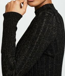 Theory Sweater Womens Large Black Mock Neck Gold Metallic Rib Knit Merino Wool