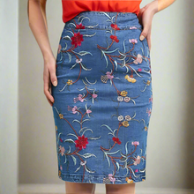 Load image into Gallery viewer, Anthropologie Skirt Womens 0 Blue Pencil Denim Floral Embroidered Short