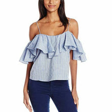 Load image into Gallery viewer, Misa Los Angeles Women's Marina Cold Shoulder Cotton Ruffle Blue Blouse - Large - Luxe Fashion Finds