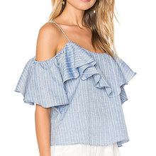 Load image into Gallery viewer, Misa Los Angeles Women's Marina Cold Shoulder Cotton Ruffle Blue Blouse - Large - Luxe Fashion Finds