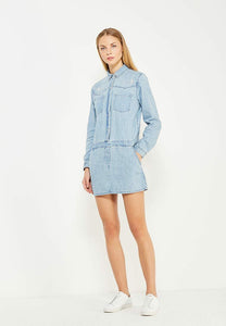 Juicy Couture Chambray Embroidered Cotton Mini Shirt Dress Mojave Wash - Small - Luxe Fashion Finds