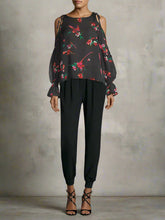 Load image into Gallery viewer, Joie Rosa Women's Silk Pink  Floral Cold Shoulder Bishop Sleeve Black Blouse - Luxe Fashion Finds