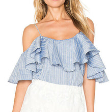 Load image into Gallery viewer, Misa Los Angeles Women's Marina Cold Shoulder Cotton Ruffle Blue Blouse - Large - Luxe Fashion Finds