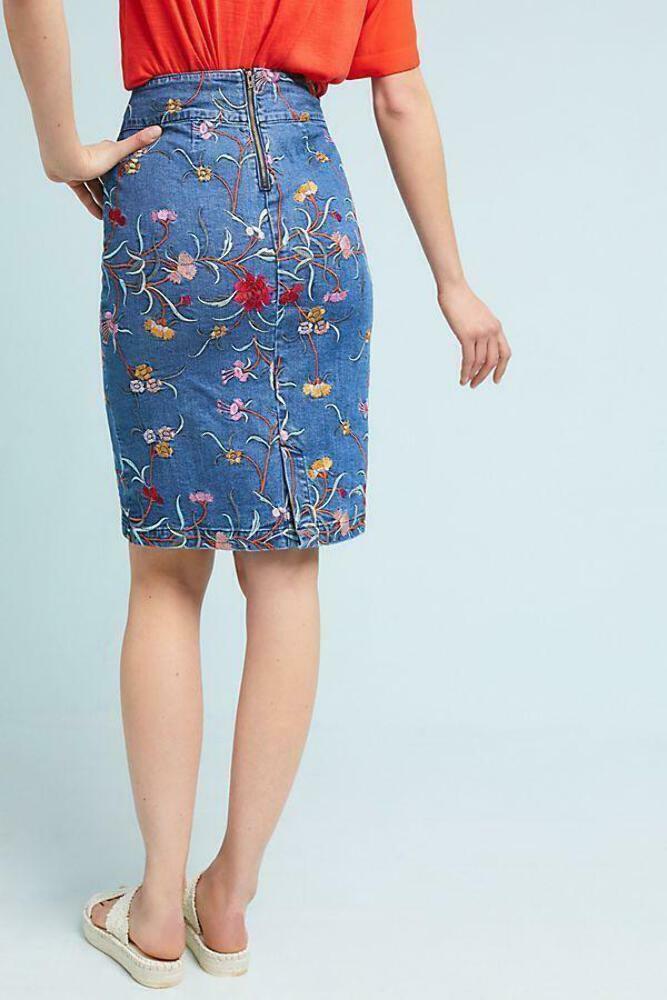 Anthropologie Skirt Womens Blue Pencil Denim Floral Embroidered
