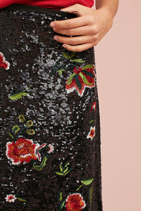 Anthropologie Women's A-Line Knee Length Floral Sequin Black Cocktail Skirt