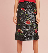 Load image into Gallery viewer, Anthropologie Women's A-Line Knee Length Floral Sequin Black Cocktail Skirt