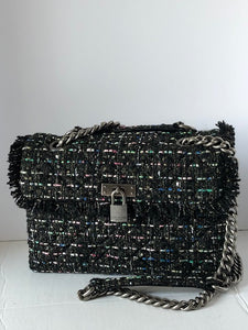 Kurt Geiger Women’s Large Brixton Lock Colorful Tweed Sequin Black Crossbody Bag