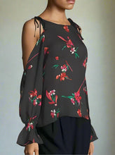 Load image into Gallery viewer, Joie Women's Cold Shoulder Top Bishop Sleeve Silk Rosa Floral Black - Medium
