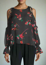 Load image into Gallery viewer, Joie Women's Cold Shoulder Top Bishop Sleeve Silk Rosa Floral Black - Medium