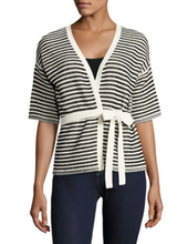 Load image into Gallery viewer, Max Mara Womens V-Neck Short Sleeve Cotton Linen Stripe Belted Cardigan XS