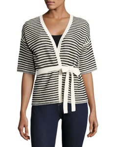 Max Mara Womens V-Neck Short Sleeve Cotton Linen Stripe Belted Cardigan XS