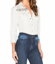 Load image into Gallery viewer, Mother Shirt Womens Extra Small Off White All My Ex's Western Embroidered Cotton