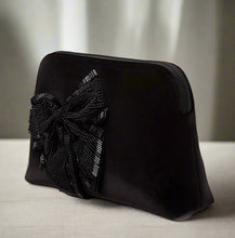 Load image into Gallery viewer, Kate Cameron Street Velvet Bow Small Beaded Briley Cosmetic Travel Bag, Black - Luxe Fashion Finds