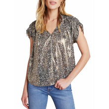 Load image into Gallery viewer, Anthropologie Gold Metallic Floral V-Neck Short Sleeve Blouse – Women's Medium