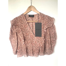 Load image into Gallery viewer, The Kooples Silk Crop Top Womens Pink Paisley V-Neck Ruffle Blouse XL