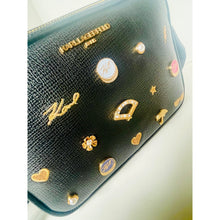 Load image into Gallery viewer, Karl Lagerfeld Maybelle Crossbody Bag Black Faux Leather Gold Glitter Pins