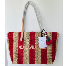 Load image into Gallery viewer, Coach City Tote CER30 Large Red Tan Striped Straw Carryall Bag