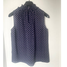 Load image into Gallery viewer, Rebecca Taylor Silk Sleeveless Blouse 4 Navy Blue Polka Dot High Neck Top