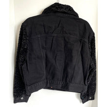 Load image into Gallery viewer, 7 For All Mankind Black Cropped Denim Jacket with Faux Shearling Sleeves &amp; Detachable Collar – M