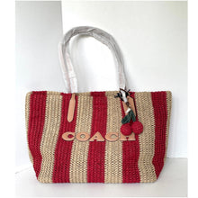 Load image into Gallery viewer, Coach City Tote CER30 Large Red Tan Striped Straw Carryall Bag