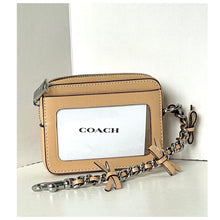 Load image into Gallery viewer, Coach Zip Card Case CEC13 Light Sand Leather Bow ID Wallet with Chain Strap
