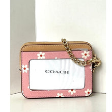 Load image into Gallery viewer, Coach Zip Card Case CFA37 Pink Floral Leather ID Wallet with Gold Chain