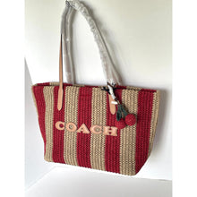 Load image into Gallery viewer, Coach City Tote CER30 Large Red Tan Striped Straw Carryall Bag