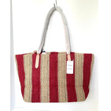 Load image into Gallery viewer, Coach City Tote CER30 Large Red Tan Striped Straw Carryall Bag