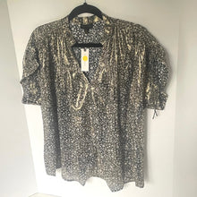Load image into Gallery viewer, Anthropologie Gold Metallic Floral V-Neck Short Sleeve Blouse – Women's Medium