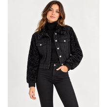 Load image into Gallery viewer, 7 For All Mankind Black Cropped Denim Jacket with Faux Shearling Sleeves &amp; Detachable Collar – M