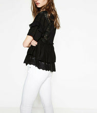 Load image into Gallery viewer, Kooples Women&#39;s Ruffle Peplum Cotton Broderie Lace Up Black Blouse - XS - Luxe Fashion Finds