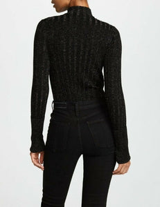 Theory Women's Metallic Ribbed Mock Neck Merino Wool Hi Low Hem Black Sweater - Luxe Fashion Finds