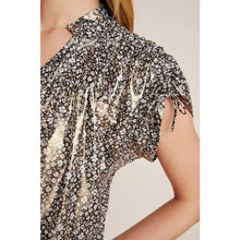 Load image into Gallery viewer, Anthropologie Gold Metallic Floral V-Neck Short Sleeve Blouse – Women's Medium