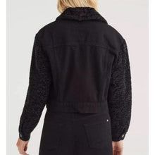 Load image into Gallery viewer, 7 For All Mankind Denim Jacket Womens L Black Faux Shearling Fur Cropped Coat