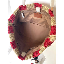 Load image into Gallery viewer, Coach City Tote CER30 Large Red Tan Striped Straw Carryall Bag