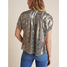 Load image into Gallery viewer, Anthropologie Gold Metallic Floral V-Neck Short Sleeve Blouse – Women's Medium