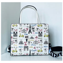 Load image into Gallery viewer, Karl Lagerfeld Maybelle Satchel Ikons Paris Print White Faux Leather Bag