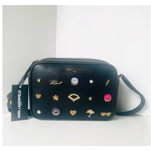 Load image into Gallery viewer, Karl Lagerfeld Maybelle Crossbody Bag Black Faux Leather Gold Glitter Pins