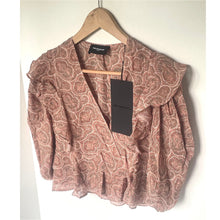 Load image into Gallery viewer, The Kooples Silk Crop Top Womens Pink Paisley V-Neck Ruffle Blouse XL