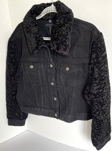 7 For All Mankind Denim Jacket Womens Black Crop Faux Shearling Fur Collar Arms
