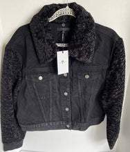 Load image into Gallery viewer, 7 For All Mankind Denim Jacket Womens Black Crop Faux Shearling Fur Collar Arms