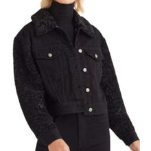 Load image into Gallery viewer, 7 For All Mankind Black Cropped Denim Jacket with Faux Shearling Sleeves &amp; Detachable Collar – M