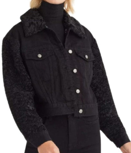 7 For All Mankind Womens Denim Jacket, Crop Black Removable Faux Fur Collar