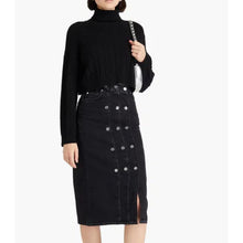 Load image into Gallery viewer, Sandro Black Denim Pencil Midi Skirt Silver-Tone Button Embellishments 8/40