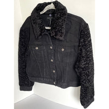 Load image into Gallery viewer, 7 For All Mankind Black Cropped Denim Jacket with Faux Shearling Sleeves &amp; Detachable Collar – M