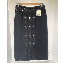 Load image into Gallery viewer, Sandro Black Denim Pencil Midi Skirt Silver-Tone Button Embellishments 8/40