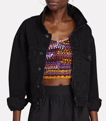 AGOLDE Charli Shrunken Denim Crop Jacket Womens Black Distressed Jagged