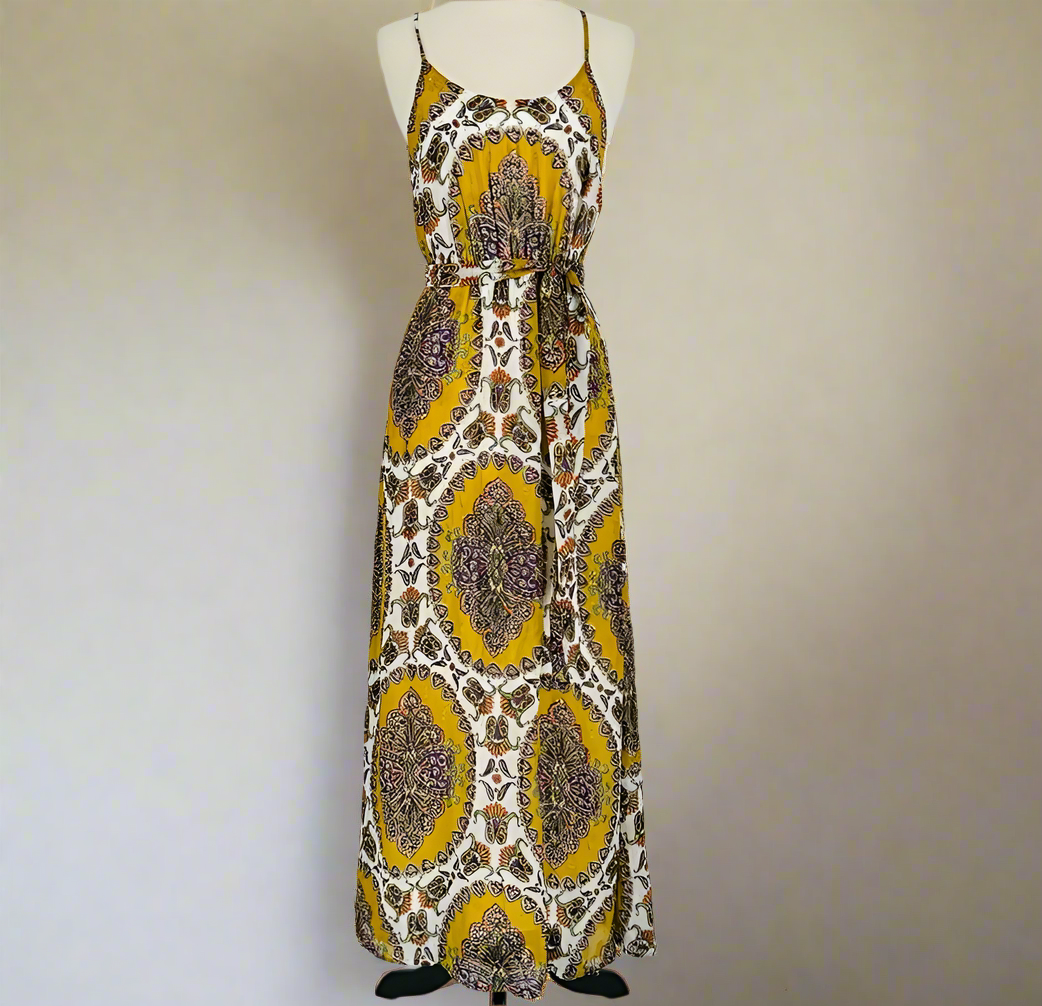 Anthropologie Dress Large Womens Yellow Maxi Halter Neck Gold Chiffon Belted Anthropologie Dress Large Womens Yellow Maxi Halter Neck Gold Chiffon Belted